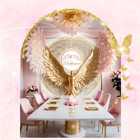 Bild Startseite für Spirituelle Weiterbildungen, Seminare, Workshops und Veranstaltungen , Seminarraum und großer Engel mt Lashana Logo an der Wand